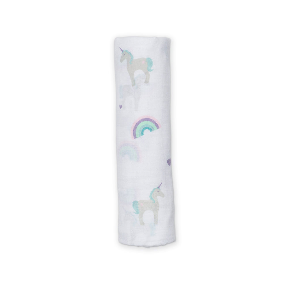 Lulujo - Muslin Swaddle - Rainbows & Unicorns (120cm x 120cm)