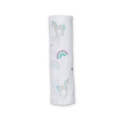 Lulujo - Muslin Swaddle - Rainbows & Unicorns (120cm x 120cm)