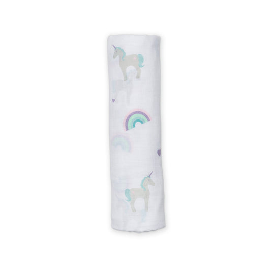 Lulujo - Muslin Swaddle - Rainbows & Unicorns (120cm x 120cm)