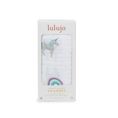 Lulujo - Muslin Swaddle - Rainbows & Unicorns (120cm x 120cm)