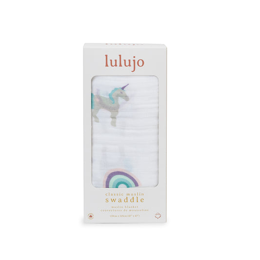 Lulujo - Muslin Swaddle - Rainbows & Unicorns (120cm x 120cm)