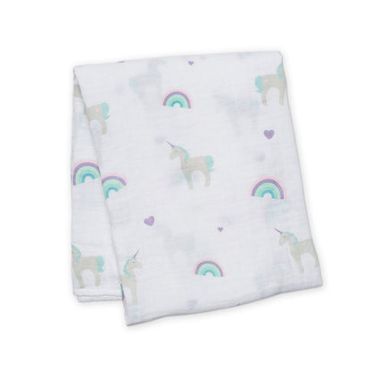 Lulujo - Muslin Swaddle - Rainbows & Unicorns (120cm x 120cm)
