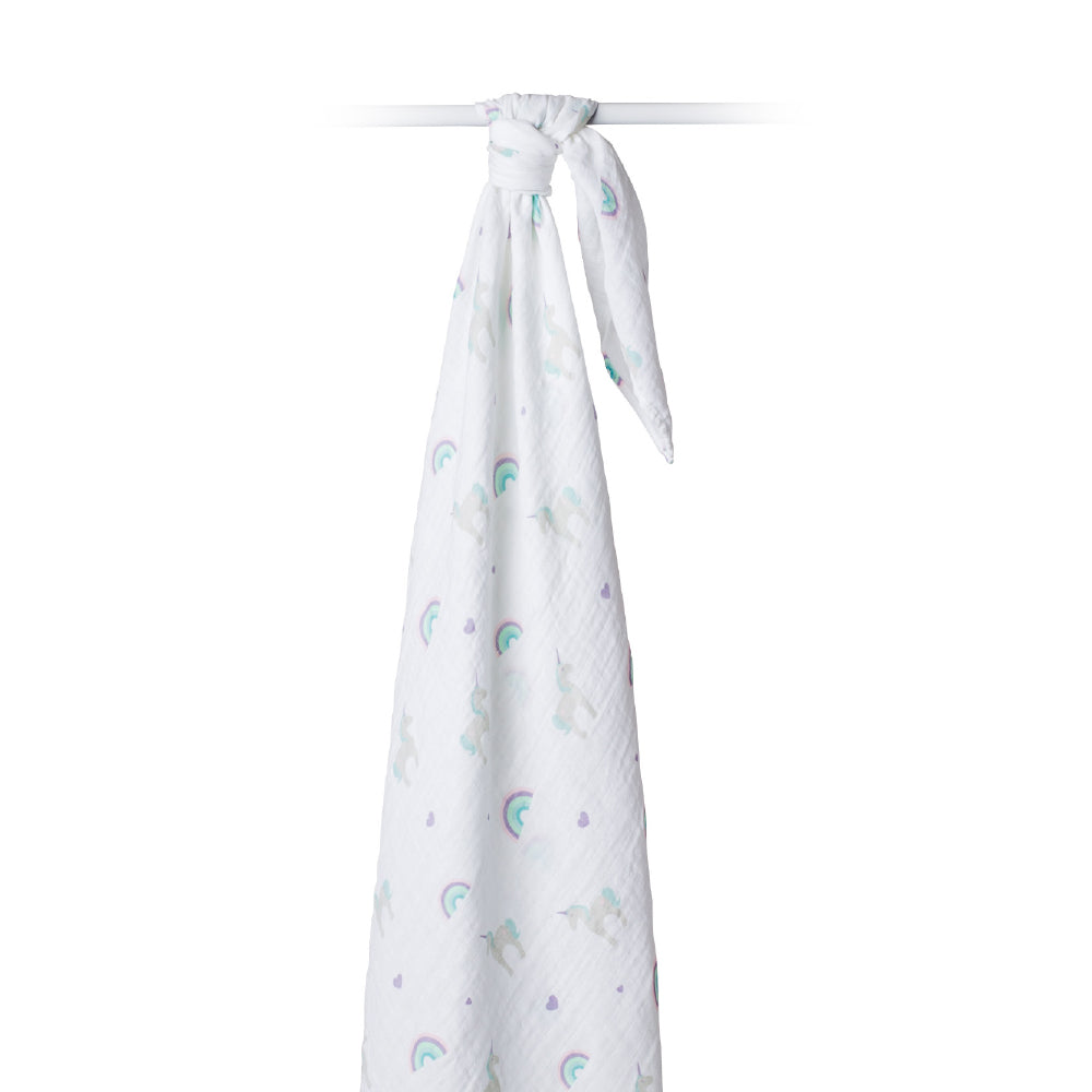 Lulujo - Muslin Swaddle - Rainbows & Unicorns (120cm x 120cm)