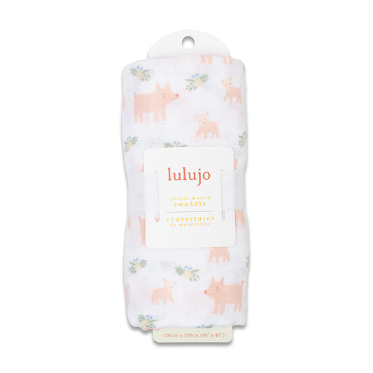 Lulujo - Muslin Swaddle - Pigs (100cm x 100cm)