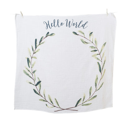 Lulujo - Single Cotton Swaddle & Cards Gift Set- Hello World Wreath