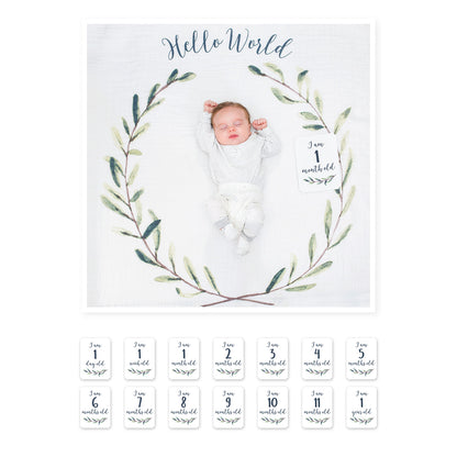 Lulujo - Single Cotton Swaddle & Cards Gift Set- Hello World Wreath