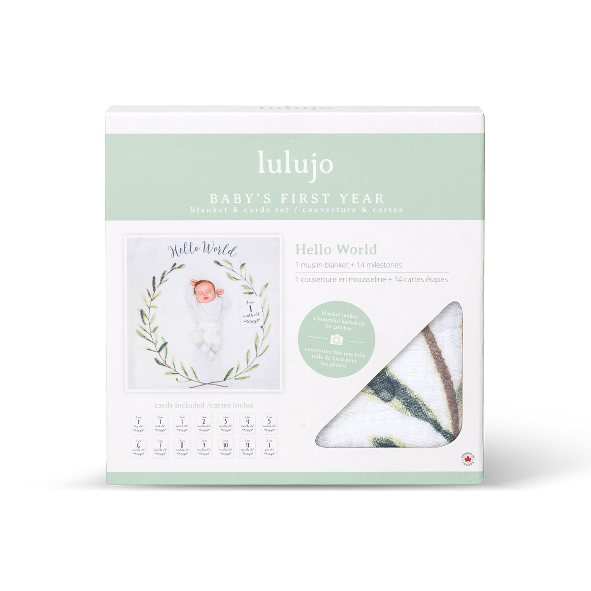 Lulujo - Single Cotton Swaddle & Cards Gift Set- Hello World Wreath