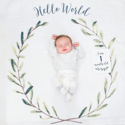 Lulujo - Single Cotton Swaddle & Cards Gift Set- Hello World Wreath