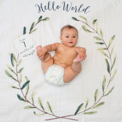 Lulujo - Single Cotton Swaddle & Cards Gift Set- Hello World Wreath