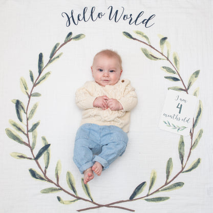 Lulujo - Single Cotton Swaddle & Cards Gift Set- Hello World Wreath