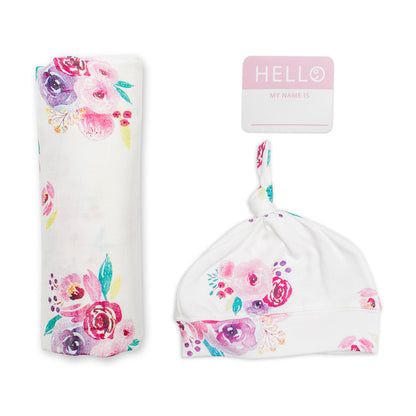 Lulujo - Bamboo Hat and Swaddle Blanket Gift Set - Posies
