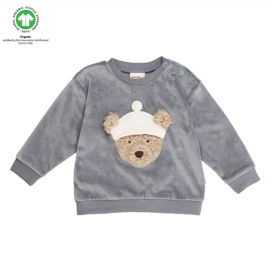 Organic Embroidered Jumper - Teddybear - Blue Slate - 0-2 months