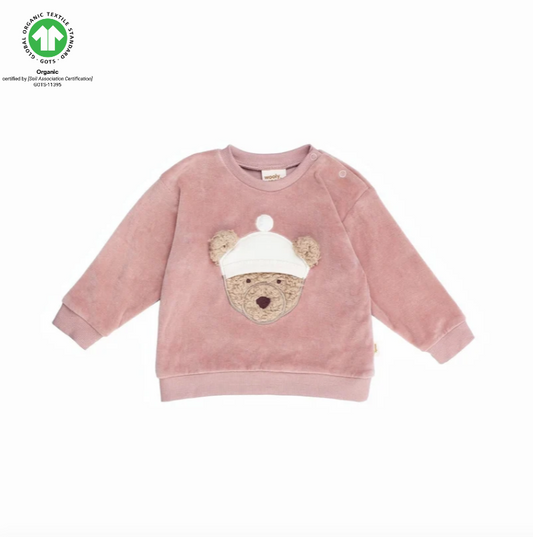 Organic Embroidered Jumper - Teddybear - Rosewood Pink - 0-2 months