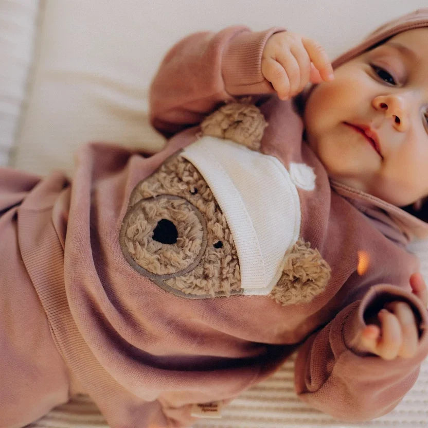 Organic Embroidered Jumper - Teddybear - Rosewood Pink - 0-2 months